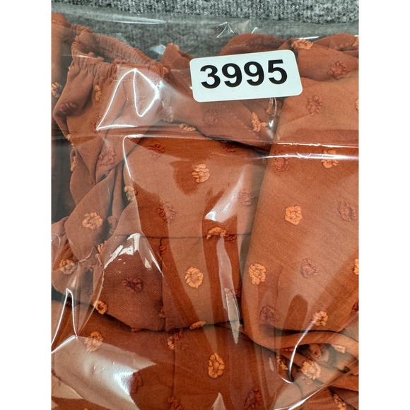 Shein Womens Sz M Rust Orange Long Sleeve Maxi Dress Swiss Dot Belted Tiered - Picture 11 of 11